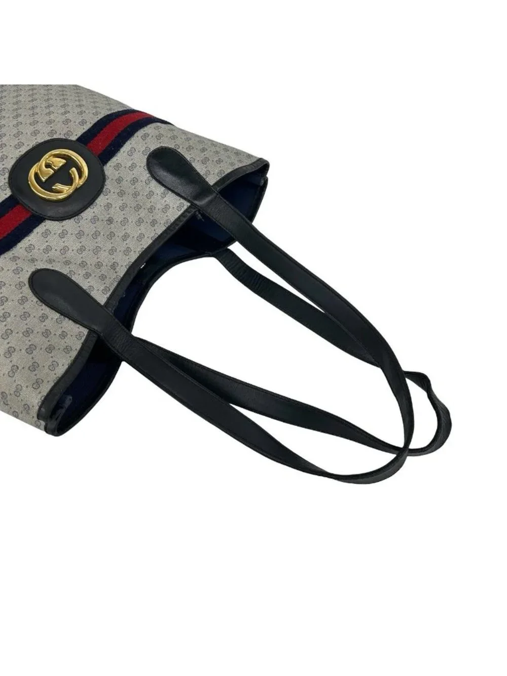 Gucci Vintage Sherry Line Micro GG Logo Pattern Leather Tote Shoulder Bag Navy